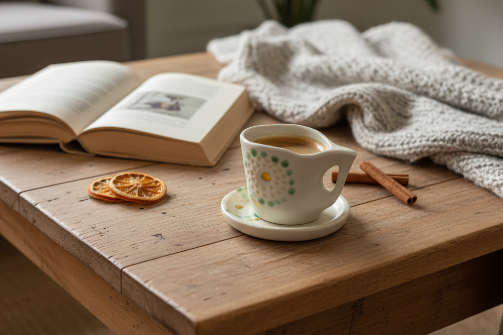 A petite ceramic espresso cup on a saucer with a natural, organic form adorned with a radial dot formation of bare clay accented with 18kt gold dots